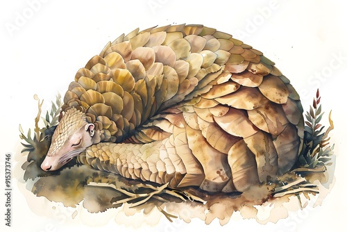 Watercolor Illustration of a Pangolin Curled Up in a Ball