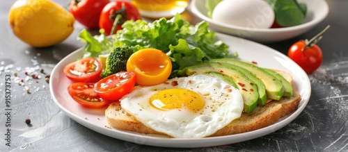 Nutritious and filling breakfast Fried eggs with vegetables next to toast topped with avocado on a white background top view copy space