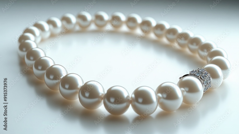 Elegant pearl necklace with a polished clasp on a white background, timeless jewelry Elegant pearl necklace with a polished clasp on a white background, timeless jewelry