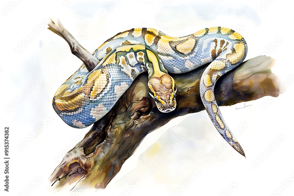 Watercolor Illustration of a Yellow and Blue Python Snake Coiled Around a Branch. Watercolor Illustration of a Yellow and Blue Python Snake Coiled Around a Branch.
