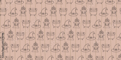 castle. witch. The witch's hat. kettle. terrible. holiday. Halloween. October 31st. vector. seamless pattern. the pattern. seamless. pattern. bat. scary stories. lines. ghost. A terrible holiday. spid photo