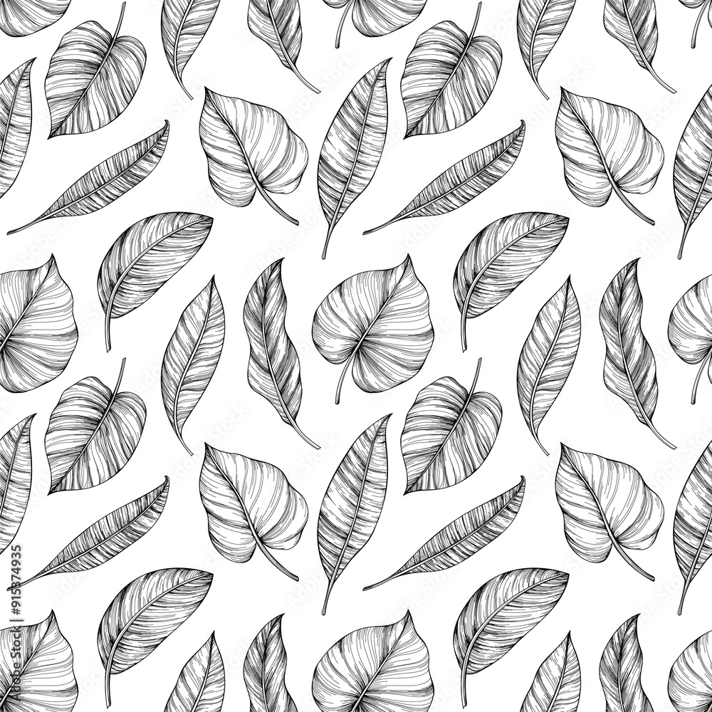 Seamless pattern. Illustration with hand drawn tropical leaves isolated on white. Seamless pattern. Illustration with hand drawn tropical leaves isolated on white.