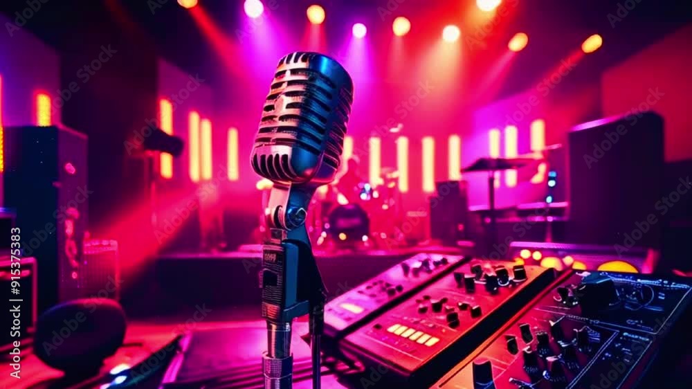 Vintage microphone on a stage with a sound mixer in front of a blurred background.