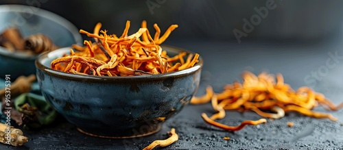 Dried cordyceps militaris in a ceramic bowl with a cup of water alongside water from Ophiocordyceps sinensis extract It has medicinal properties for disease treatment Chinese herb Healthy concept photo