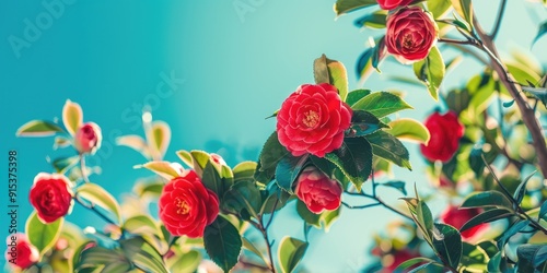 Fototapeta Naklejka Na Ścianę i Meble -  Camellia bush with red flowers and green leaves in springtime against a blue sky