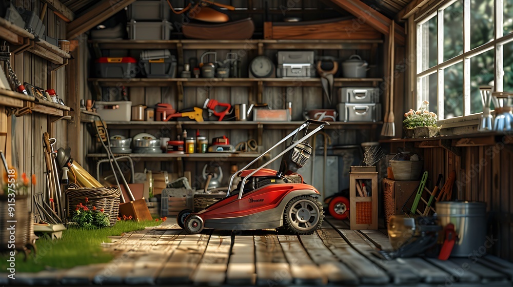 Obraz premium A detailed shot of a lawnmower inside a garden shed, surrounded by neatly arranged tools, wooden interior, warm and inviting atmosphere, hd quality, realistic textures, soft focus, natural lighting.