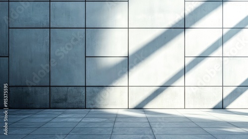 Sunlight casts dramatic shadows on a smooth concrete wall, showcasing a play of light and geometric patterns in an urban environment