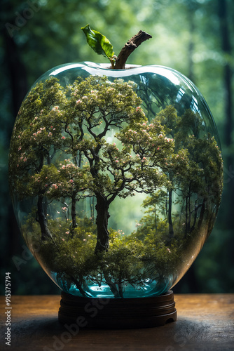 a double exposition that combines a dark forest and a glass apple. The forest serves as a background, a translucent glass figure of an apple, a tree inside.