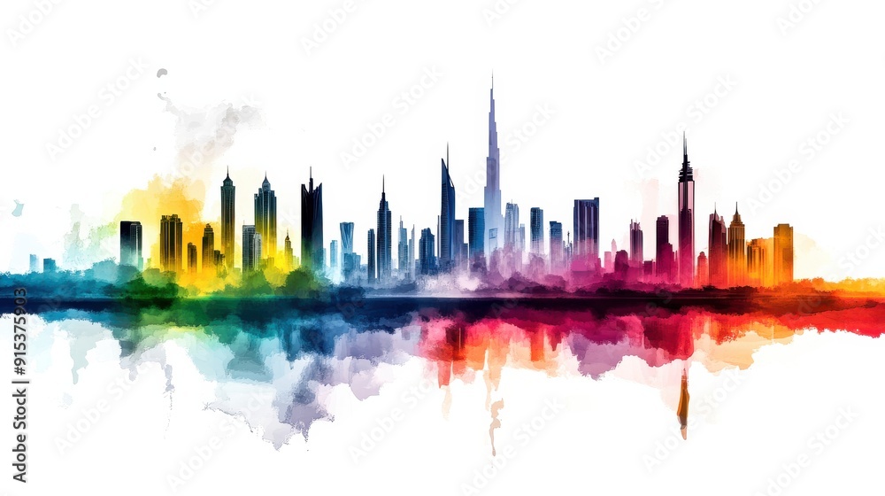 A stunning skyline with tall buildings casts beautiful colors across the water as the sun sets, creating a breathtaking urban landscape