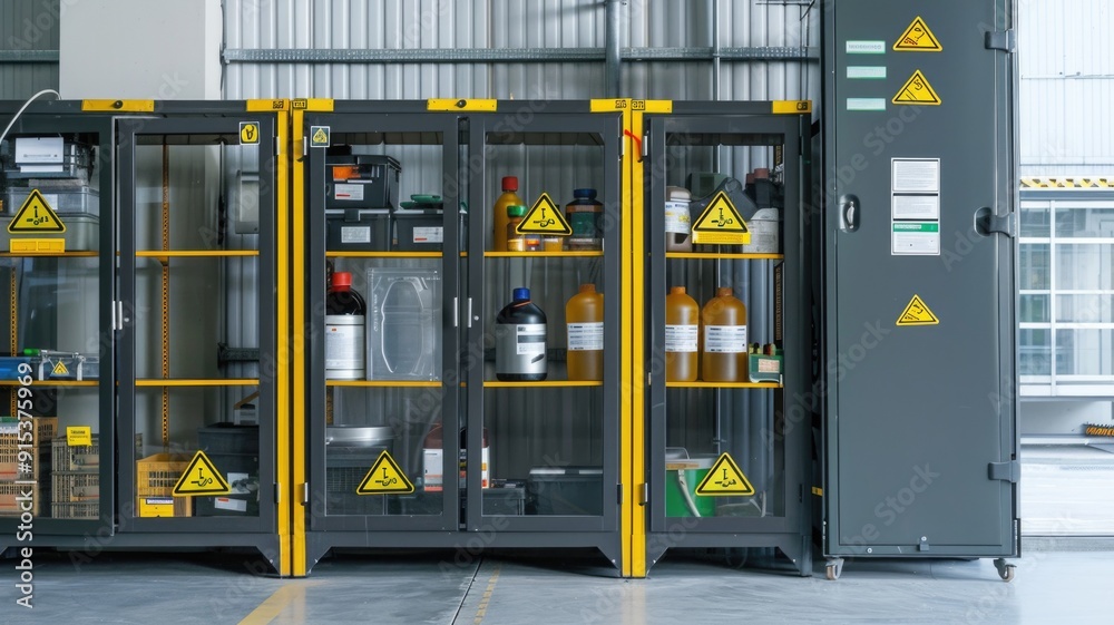 A set of ventilated safety cabinets for storing hazardous chemicals, with clear safety signage