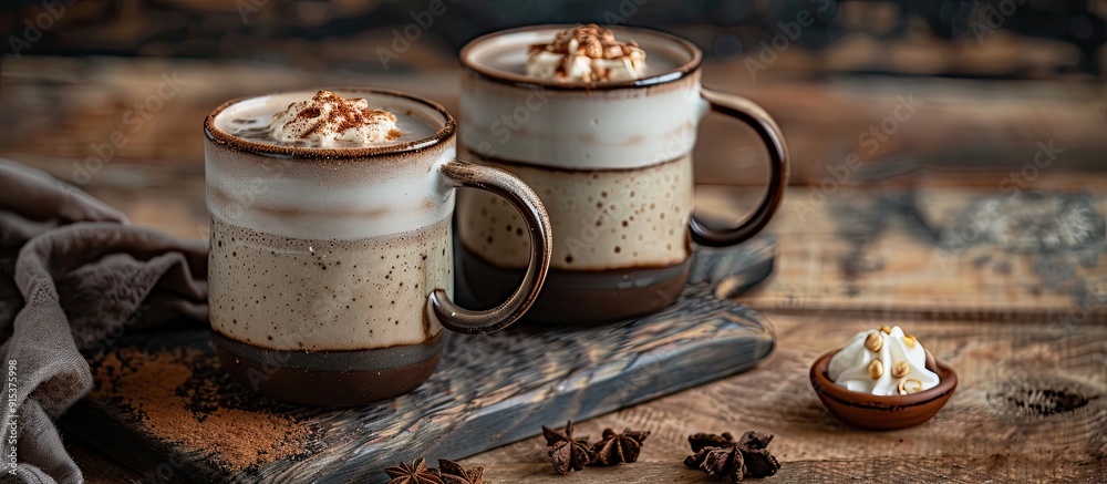 Hot chocolate Homemade spicy hot chocolate with cinnamon and crushed hazelnuts in an enamel mug on an antique wooden surface Cozy winter holidays. with copy space image Hot chocolate Homemade spicy hot chocolate with cinnamon and crushed hazelnuts in an enamel mug on an antique wooden surface Cozy winter holidays. with copy space image