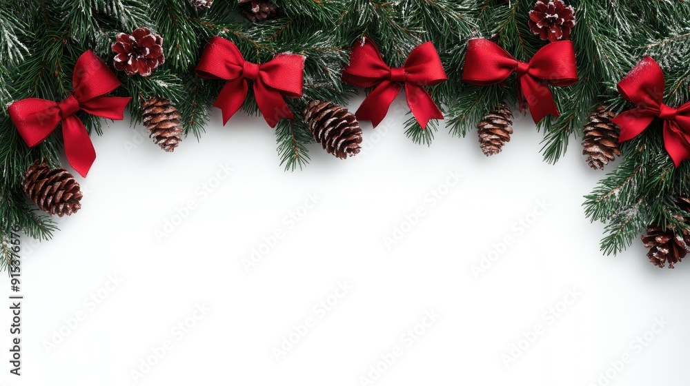 Festive garland with red bows and pinecones, clear area for text. Festive garland with red bows and pinecones, clear area for text.