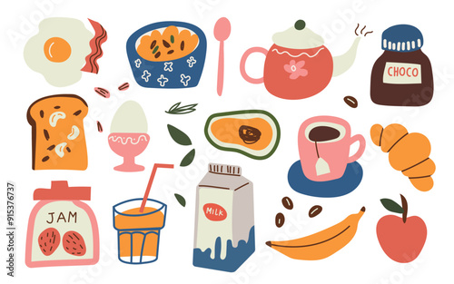 Hand drawn healthy breakfast. Various tasty food and drinks. Cute icons and logos. Trendy vector illustrations.  Flat design. Vector illustration.