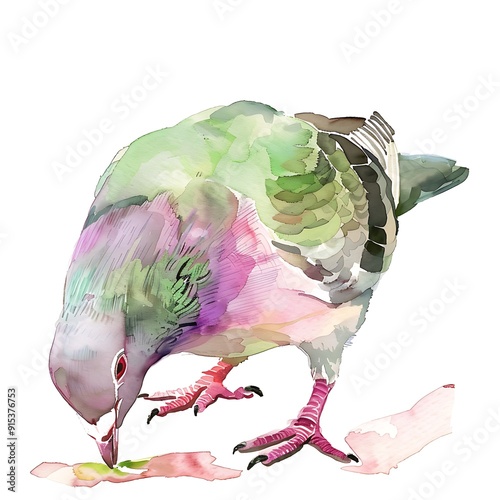 Watercolor Painting of a Pigeon Pecking at the Ground.
