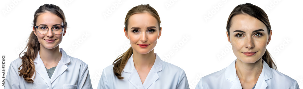 Set of portraits of girls doctors on transparent background. Concept of medicine, science and health. Set of portraits of girls doctors on transparent background. Concept of medicine, science and health.