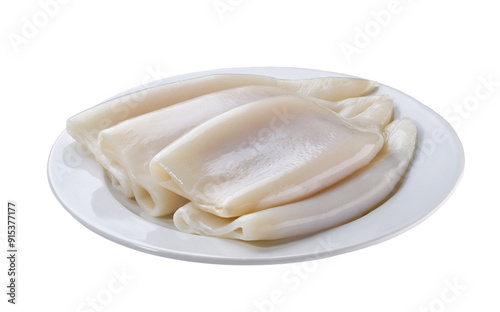 Fresh body squids in a ceramic bowl isolated on a white background.