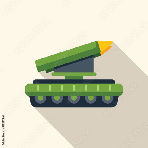 Green military tank with rocket launcher is standing still on a long shadow background