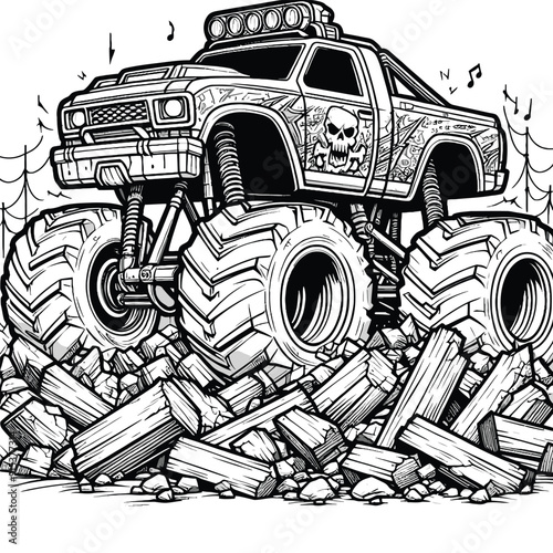 Monster truck crushing obstacles coloring page vector illsutration 