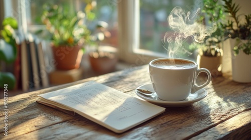 A cup of steaming coffee sits on a wooden table next to an open notebook, bathed in warm sunlight streaming through a window.