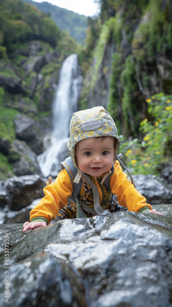 Adventurous baby climbing in front of a waterfall in the wild Adventurous baby climbing in front of a waterfall in the wild