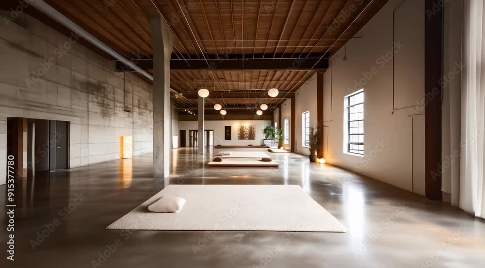 Spacious modern meditation room with wooden ceiling, large windows, minimalist decor, soft lighting, and meditation mats. Tranquil, serene atmosphere. Spacious modern meditation room with wooden ceiling, large windows, minimalist decor, soft lighting, and meditation mats. Tranquil, serene atmosphere.