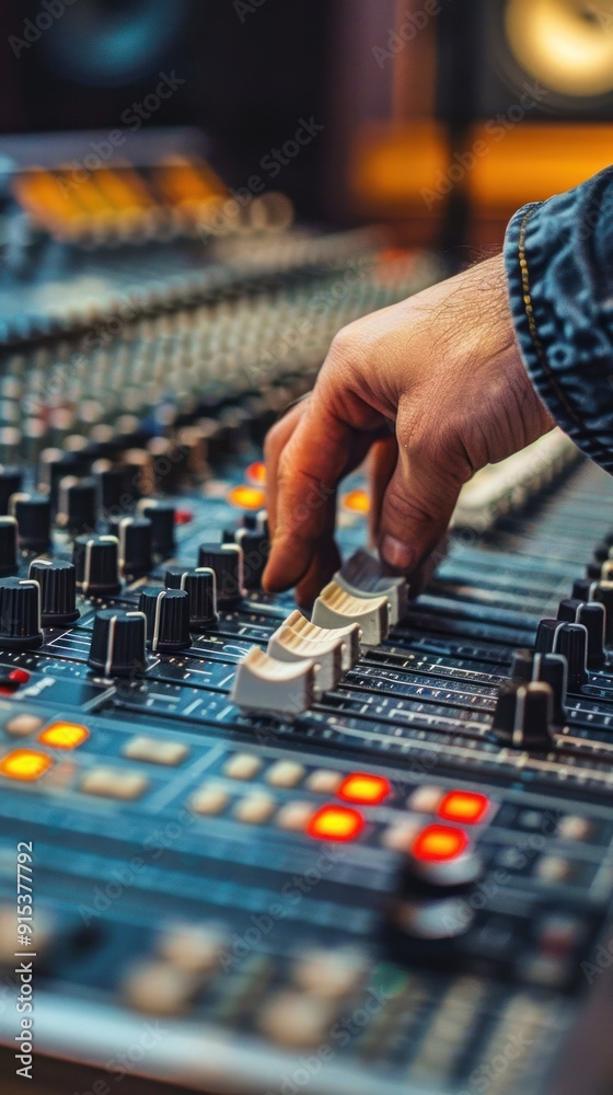 Hand adjusting audio mixer controls in a studio. Hand adjusting audio mixer controls in a studio.