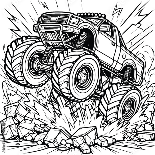 Monster truck crushing obstacles coloring page vector illsutration 