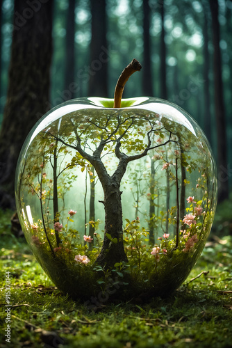 a double exposition that combines a dark forest and a glass apple. The forest serves as a background, a translucent glass figure of an apple, a tree inside.