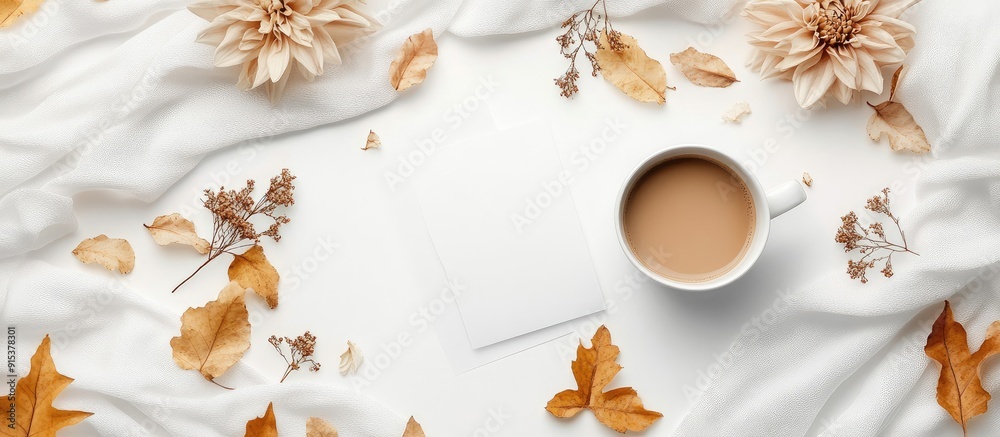 Autumn arrangement Coffee cup notepad and fresh flowers on a white background Autumn fall theme Flat lay top view copyspace Autumn arrangement Coffee cup notepad and fresh flowers on a white background Autumn fall theme Flat lay top view copyspace