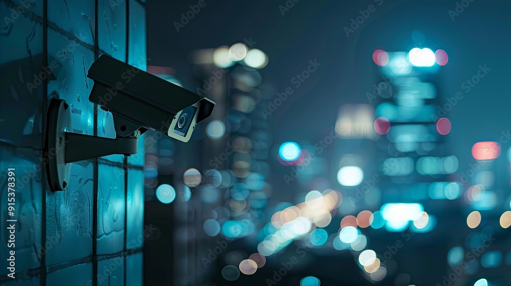 CCTV camera mounted on the wall, against the backdrop of a night city landscape CCTV camera mounted on the wall, against the backdrop of a night city landscape