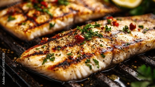 Close-up of a grilled fish fillet, perfectly seasoned with herbs and spices, making it a mouth-watering dish.