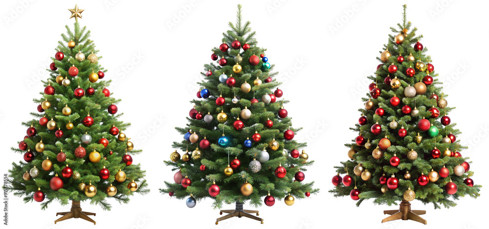 Set of Christmas trees with toys on transparent background. The concept of holiday and fun. Set of Christmas trees with toys on transparent background. The concept of holiday and fun.