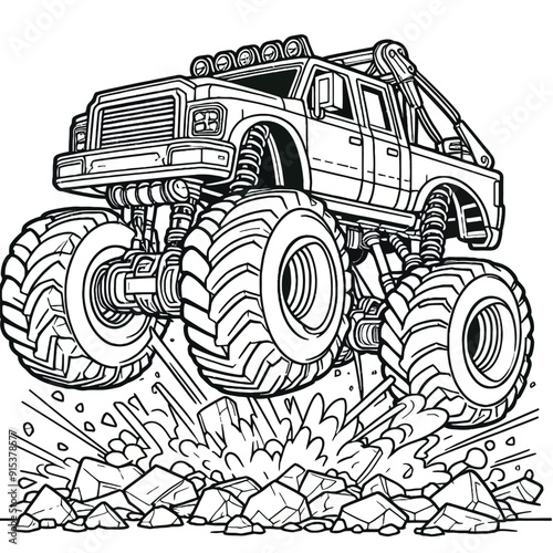 Monster truck crushing obstacles coloring page vector illsutration 