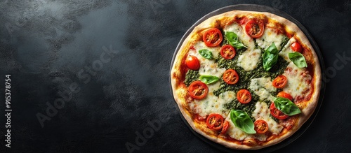 Pizza featuring green pesto...
