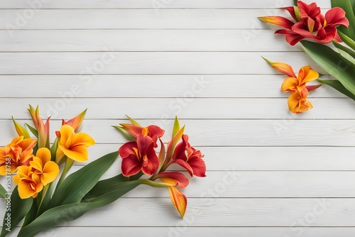 Canna lily flowers on white wooden table, AI Generated