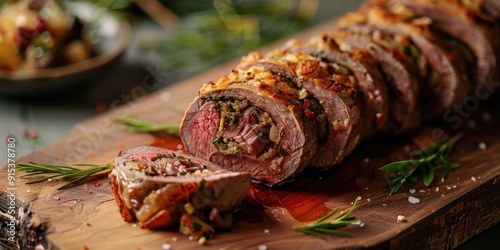Fototapeta Naklejka Na Ścianę i Meble -  Beef tenderloin rolls with stuffing on a wooden board