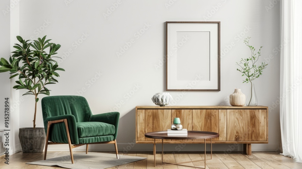 Chic living room interior: framed poster, green chair, coffee table, wooden sideboard, decor template. Chic living room interior: framed poster, green chair, coffee table, wooden sideboard, decor template.