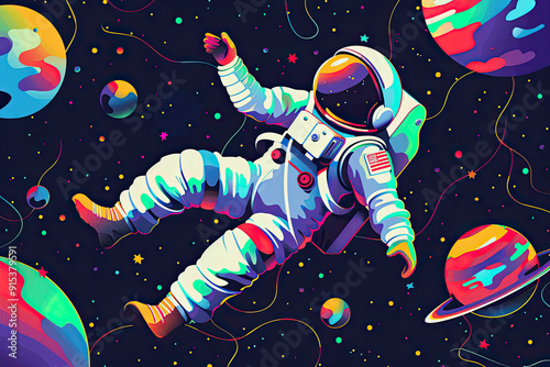 Colorful astronaut floating in space among vibrant planets