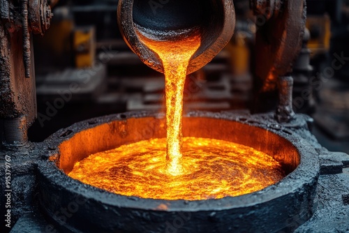 Liquid molten metal pouring from crucible in foundry