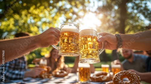 Friends Toasting with Beer Mugs at Outdoor Gathering

