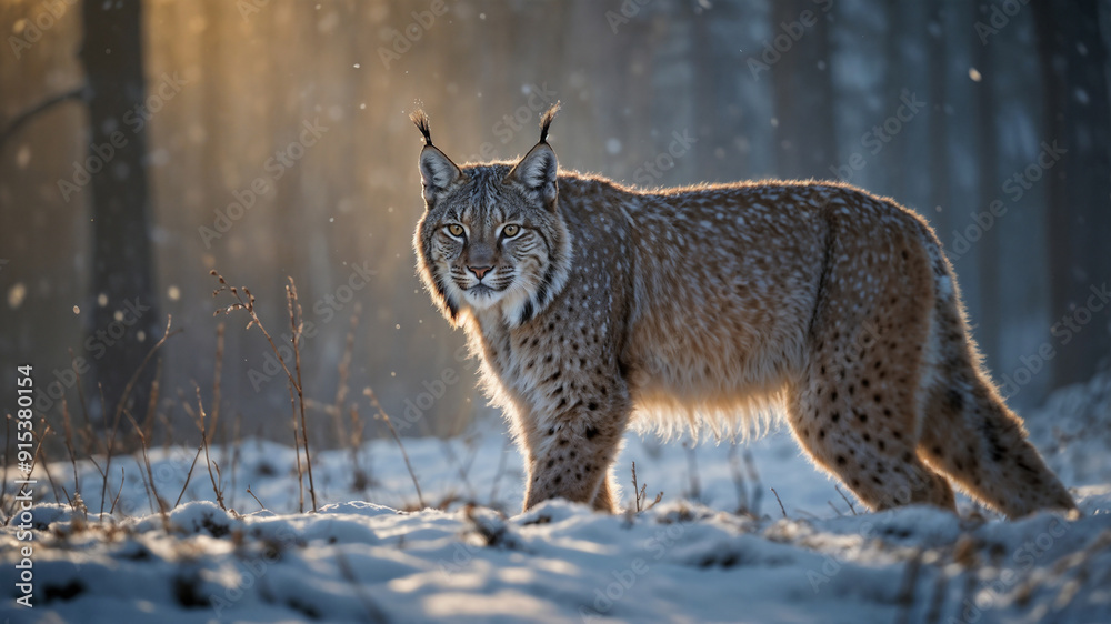Fototapeta premium Lince maschio in una foresta innevata in inverno