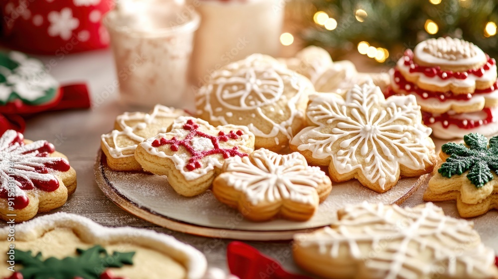 A beautifully arranged assortment of Christmas cookies with colorful icing, surrounded by twinkling lights, creating a warm holiday atmosphere A beautifully arranged assortment of Christmas cookies with colorful icing, surrounded by twinkling lights, creating a warm holiday atmosphere