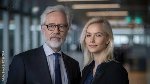 A middle-aged man in a suit stands proudly next to his smiling daughter, showcasing a warm connection in a contemporary workplace