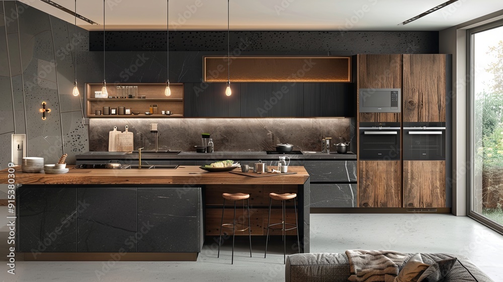 A contemporary kitchen design showcasing wooden accents and gray cabinetry A contemporary kitchen design showcasing wooden accents and gray cabinetry