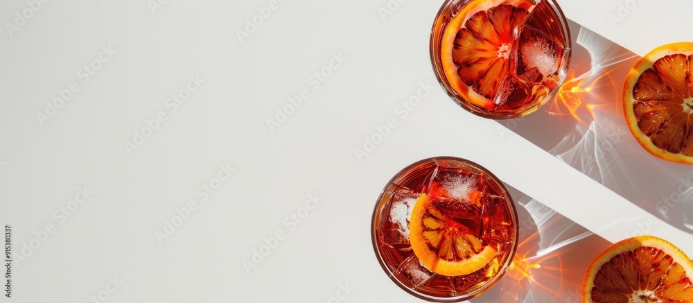 Negroni cocktails featuring blood oranges captured in an overhead flat lay on a white background with shadows and copy space