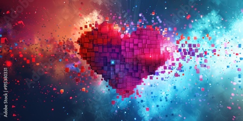 Abstract Pixel Heart with Glittering Particles.