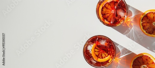 Obraz na płótnie Negroni cocktails featuring blood oranges captured in an overhead flat lay on a white background with shadows and copy space w salonie