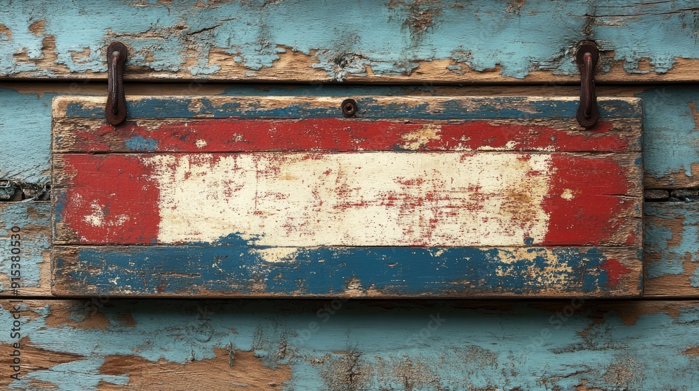 Old weathered red white and blue wooden sign hanging on rustic peeling paint wood wall background Old weathered red white and blue wooden sign hanging on rustic peeling paint wood wall background