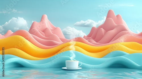 Relaxing coffee moment against a vibrant, abstract landscape with colorful waves and mountains at midday photo