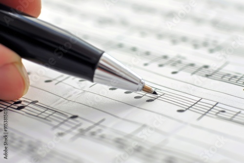 Close up of pen on sheet music.